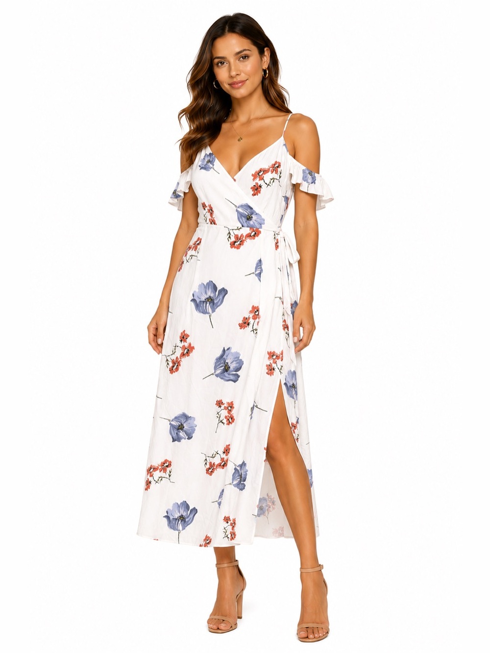 Bardot Size 6 Small White Floral Wrap Maxi Dress with Blue & Coral Blooms